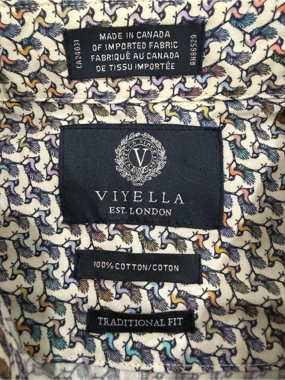 Viyella Men’s L Bird Print 100% Cotton Short Sleeve Button-Down Made in Canada - Picture 9 of 10